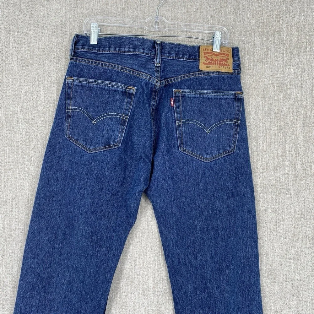 Levis 505 Regular Fit Jeans 32x34 Blue Distressed Raw Hem Straight Leg
